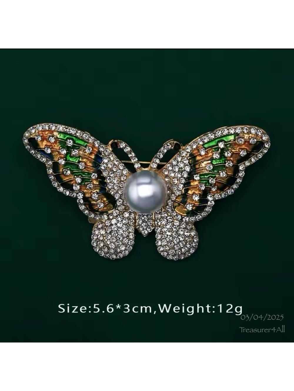 Gold Butterfly Brooch Freshwater Pearl Rhinestone Pin Vintage Style
